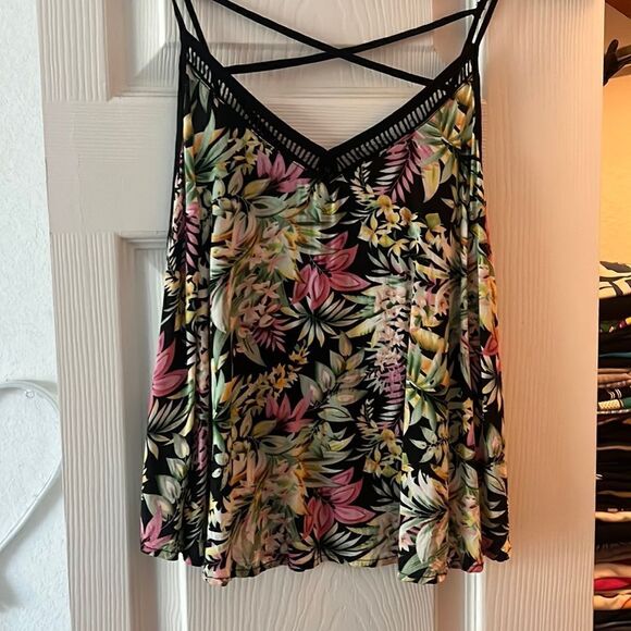 Cute Summer Floral Tank - Black Pink Flowers Strappy Top - Size Small LUSH - Picture 1 of 4